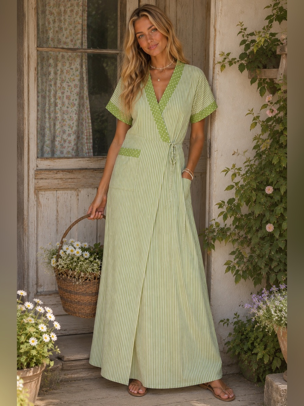 Vintage Cottagecore Prairie Hostess Robe M Green Dress Polka Dot Farmhouse  Maxi